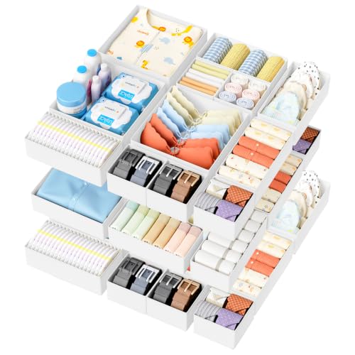 DIMJ Drawer Organizer Clothes Storage - 18 Pack Baby Dresser Organizer for Nursery, Foldable Closet Drawer Organizer Bins for Bedroom Organization, Fabric Storage Dividers for Socks, Underwears, White - color: White, size: 18 Pack