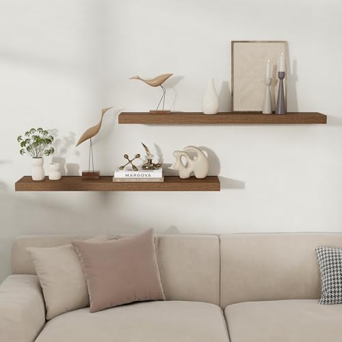 Fun Memories Floating Shelves for Wall, 40 Inch Long Set of 2 Rustic Wood Wall Shelves with Invisible Brackets, Heavy Duty Storage Display for Living Room Bedroom Kitchen, Walnut - color: Walnut Brown, size: 40"W x 8"D, Set of 2