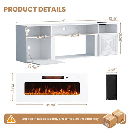 71" Floating TV Stand with 36" Electric Fireplace, Wall Mounted Fireplace Entertainment Center with LED Lights, Mid Century Modern Media Console for TVs Up to 80", White - color: White, size: With Fireplace