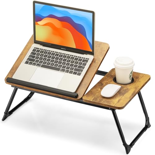 FISYOD Foldable Laptop Desk for Bed Couch, Adjustable Split Lap Desk with Cup Holder, Portable Lightweight Bed Table Tray, Heavy-Duty Laptop Stand for Working, Writing, Reading and Eating - Brown - color: Brown