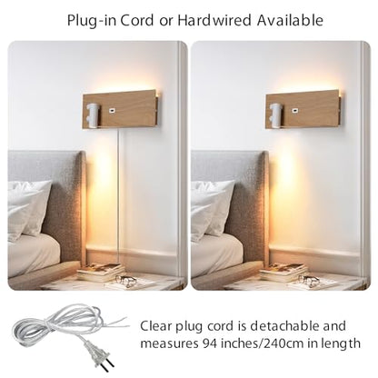 Modern LED Plug in Wall Sconce, Wall Light with Shelf and USB Charging Port, Rotatable Reading Spotlight & Soft Backlight, Plug-in or Hardwired Wall Lamp for Bedroom Bedside, Light Wood Grain Finish - size: 2-light Left Switch White