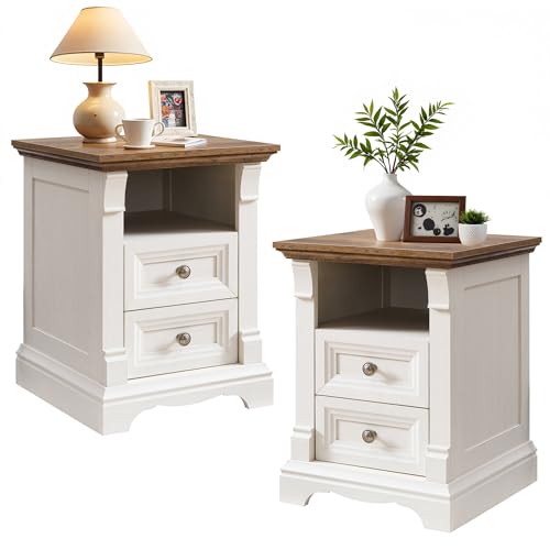 T4TREAM Farmhouse Nightstand Set of 2, 18" Wood Side Table w/Roman Column | End Table with 2 Drawers Storage, Bedside Cabinet for Bedroom, Living Room, Antique White - color: Antique White, size: 18"D x 18"W x 24"H
