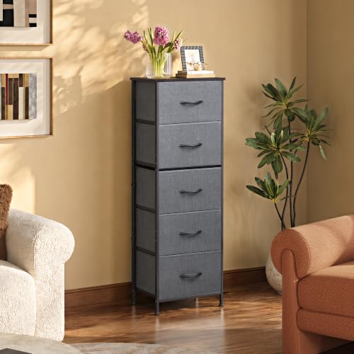 WLIVE Tall Dresser for Bedroom, 5 Drawer Dresser, Dark Grey | 5 vertical fabric drawers, Tall vertical design, Bedroom or closet use, Dresser for small spaces, Chest of drawers - color: Dark Grey