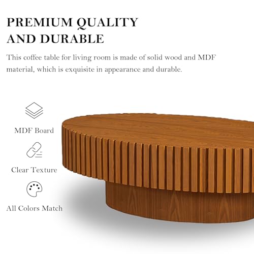 Oval Fluted Drum Coffee Table with Pedestal Base | 43.3'' Modern Wooden Drum Center Table, Handcrafted Solid Wood Fluted Edge, For Living Room & Apartment - color: Oval Wood