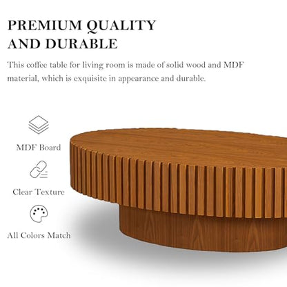 Oval Fluted Drum Coffee Table with Pedestal Base | 43.3'' Modern Wooden Drum Center Table, Handcrafted Solid Wood Fluted Edge, For Living Room & Apartment - color: Oval Wood