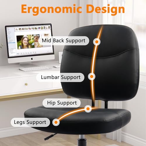 CLATINA Armless Home Office Chair, Small PU Leather Ergonomic Low Back Desk Chair with Lumbar Support and Wheels, Adjustable Height 360° Swivel Rolling Computer Task Chair, Black, 2 Pack - color: Black-heihu, size: 2 Pack