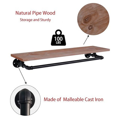 Clothes Rack 36in, Wall Mounted Garment Rack with Real Wood Shelf, Heavy Duty Hanging Clothes Rack, Multi-Purpose Hanging Rod, Space-Saving Closet Storage - color: Brown, size: 1T36IN