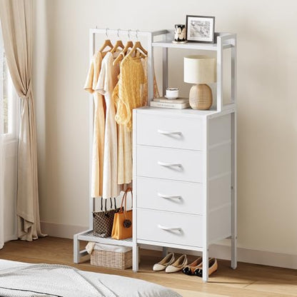Yoobure White Dresser with Hanging Rack - Small Dresser for Bedroom with 4 Drawers, 44'H Chest of Drawers, Reversible Kids Dressers with Storage Shelf, Closet Dressers, Dorm Essentials, Sturdy Frame - color: White
