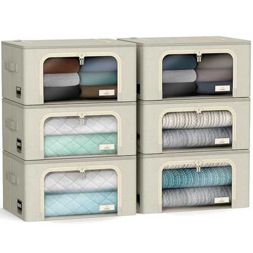 Sorbus Storage Bins with Metal Frame - Stackable & Foldable Clothes Organizer Bags - Oxford Fabric Storage Containers with Large Clear Window & Carry Handles, Bedroom Organization for Bedding & Linen - color: Beige, size: 6 Pack