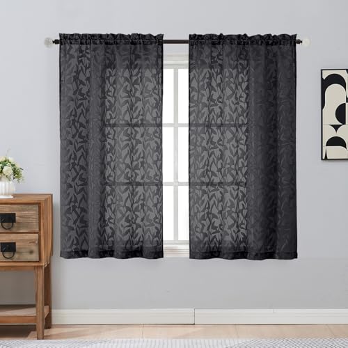 Gwine Black Curtains 45 Inch Length 2 Panels, Light Filtering Leaf Clip Jacquard Textured Short Window Curtains, Rod Pocket Farmhouse Window Treatments Curtain for Bedroom Living Room, 42" Wx45 L - color: Black, size: 42"W x 45"L (Pack of 2)