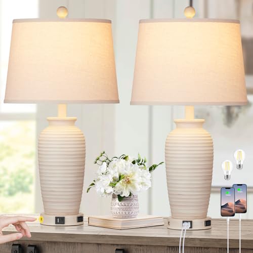 CINSARY 24.3" Farmhouse Jar Table Lamps Set of 2, 3 Way Touch Control Rustic Bedside Lamps with USB A+C Ports & AC Outlet, Pot Nightstand Lamps for Bedroom Living Room (LED Bulbs Included) - color: Cream