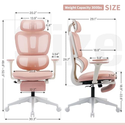 Ergonomic Office Chair with Footrest, 90-135° Reclining High Back Desk Chair with Lumbar Support, 2D Headrest, 2D Armrests, Computer Chair for Long Hours, Pink - color: Pink