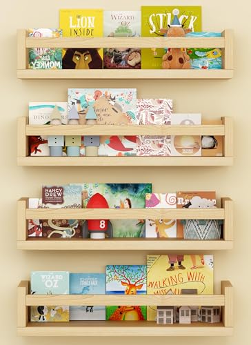 Onlysky Set of 4 Wall-Mounted Kid's Bookshelf - Wood Floating Nursery Book Shelves - Durable Wood Construction - Ideal for Nursery Decor, Kids Room, Toy Storage - color: Wood, size: 16.5 Inches