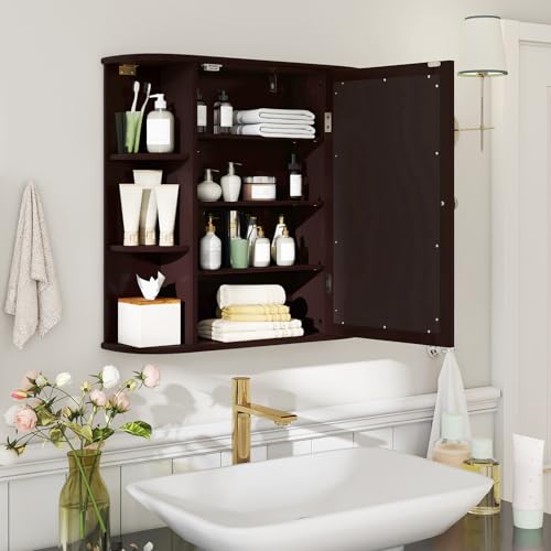 COSTWAY Medicine Cabinet with Mirror, Wall Mounted Bathroom Storage Cabinet | with Mirror Door and Adjustable Shelves, Space-Saving Storage Organizer for Living Room Kitchen Entryway (Brown) - color: Brown