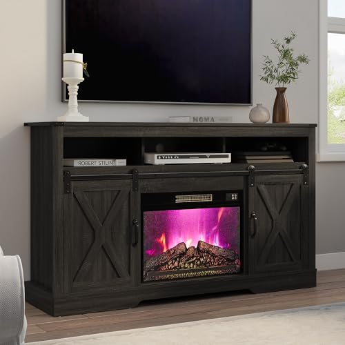 RoyalCraft Farmhouse Fireplace TV Stand for 65+ Inch TV, Entertainment Center with 23" Electric Fireplace with Remote, 34 Tall Modern Rustic TV Console with Sliding Bar Door for Living Room, Dark Grey - color: Dark Grey, style: Electric Fireplace Included