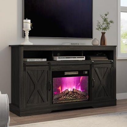 RoyalCraft Farmhouse Fireplace TV Stand for 65+ Inch TV, Entertainment Center with 23" Electric Fireplace with Remote, 34 Tall Modern Rustic TV Console with Sliding Bar Door for Living Room, Dark Grey - color: Dark Grey, style: Electric Fireplace Included
