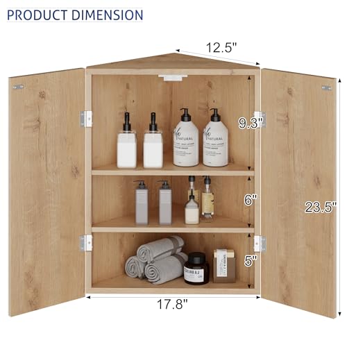 eclife 24" Bathroom Corner Medicine Cabinet W/Mirror, Double Doors Bathroom Nature Wall Mount Mirror Cabinet, Hanging Triple Shelf Storage Cabinet Opens Left and Right - color: Nature, size: 18"-Double Doors