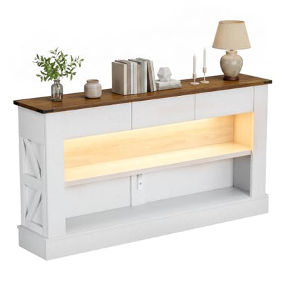 Miereirl 63" Console Table with Drawers & LED Light, Rustic Brown & White | Narrow Entryway Sofa Table, 3 Storage Drawers & Open Shelves, Behind Couch, Living Room Hallway Foyer - color: Rustic Brown&white
