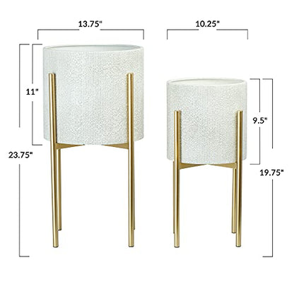 Main + Mesa Modern Boho Embossed Metal Planters with Stands, White and Gold, Set of 2 Sizes - color: Light Grey With Gold Stand