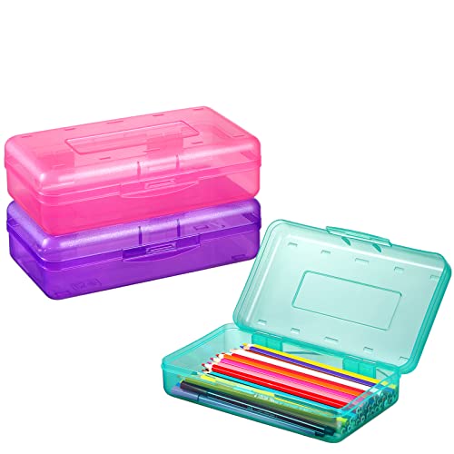 Sooez 3 Pack Pencil Case, Large Hard Pencil Box Bulk, Clear Crayon Box | Marker Pen Organizer, Plastic Storage Container with Snap Lid, Stackable Art Craft Organizer Back to School Supplies - color: Pink,Green,Purple