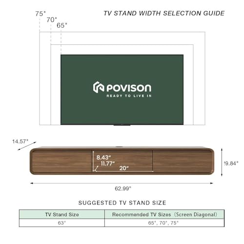 POVISON Fully Assembled Floating TV Stand with LED Lights, Modern Wall-Mounted Media Console with 3 Flip-Down Cabinet Doors, Floating Entertainment Center for 55 Inch TV - color: Walnut, size: 62.99"