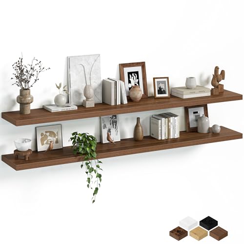 Fun Memories Floating Shelves for Wall, 66 Inch Long Set of 2 Rustic Wood Wall Shelves with Invisible Brackets, Heavy Duty Storage Display for Living Room Bedroom Kitchen, Walnut - color: Walnut Brown, size: 66"W x 8"D, Set of 2