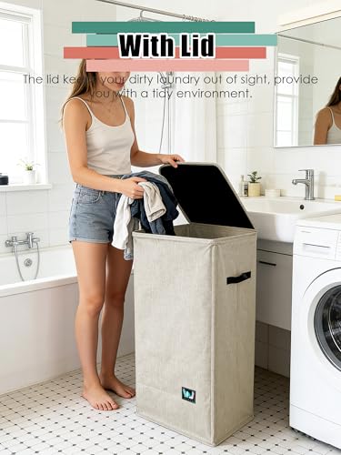 WTREE Laundry Hamper with Lid, Reinforced Sturdy Clothes Hamper with Anti-Puncture Base, Large Collapsible Laundry Basket with Removable Liner Bag, Tall Dirty Clothes Bin for Family, 100L Beige - color: Beige