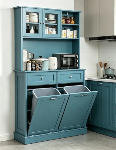 LOUVIXA 68.4" Kitchen Pantry Storage Cabinet, Freestanding Cupboard with Shelf, 2 Drawers and 2 Tilt Out Trash Cabinet, Tall Cabinets for Kitchen, Dinning Room, Living Room (Deep Teal, Double Tilt) - color: Deep Teal