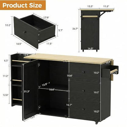 IRONCK Rolling Kitchen Island with Storage & Drop Leaf, 47.2" Kitchen Cart | with 3 Drawers, Spice Rack, Towel Rack, Storage Cabinet, Portable Mobile Island on Wheels, Black - color: Black