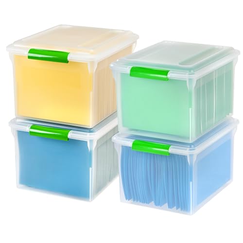 IRIS USA 4-Pack 35 Qt. File Box Organizer with Lid, Clear | Organize classroom documents, lesson plans and teaching materials with secure storage for teachers, schools and educators - style: Clear/Green - 4 Pack
