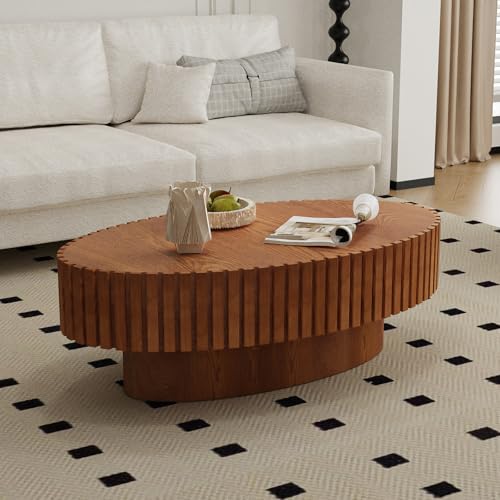 43.3 inch Wood Oval Drum Fluted Coffee Table | Mid Century Style Fluted Drum End Table, Handcrafted Wood Fluted Relief, with Sturdy Base, For Living Room & Apartment - color: Wood Oval