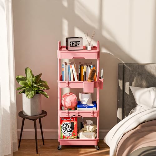 Sorgion 4 Tier Rolling Cart Organizer,Art Craft Diaper Bedside Snack Laundry Room Bathroom Organizer Narrow Thin Slim Rolling Trolley Utility Cart with Wheels for Kitchen,Office(Pink) - size: 4Tier-Pink