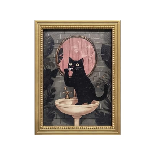 Gatheroad Gold Framed Vintage Canvas Wall Art Prints, Black Cat Bathroom Wall Art, Boho Farmhouse Funny Animal Decor for Living Room Bedroom Office Bathroom, 12x16 Inch - color: Dark Sink-Cat, size: 12X16inch