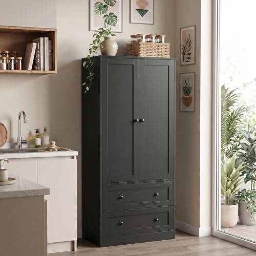 DIYART 64.2" Tall Black Kitchen Pantry, Storage Cabinet with Doors and Drawers, Freestanding Wooden Organizer for Kitchen, Dining Room - color: Black