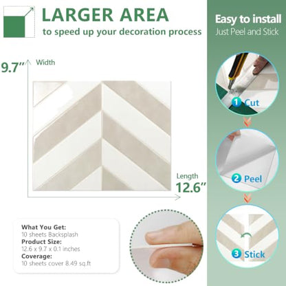 STICKGOO Herringbone Peel and Stick Backsplash, White & Beige, 10 Sheets | 12.6 x 9.7 in, Thicker Rectangular Vinyl Stick-On Wall Tiles, Easy Alignment, Waterproof, Easy to Clean, Kitchen/Bathroom - color: White & Beige, size: Pack of 10
