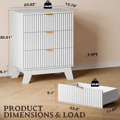 BORNOON Fluted 3 Drawer Dresser, 30.3" Tall Compact Modern Boho Chest of Drawers, Wooden Storage Cabinet for Bedroom, Living Room, Entryway, Curved Profile Design - color: Pure White, size: 3 Drawers