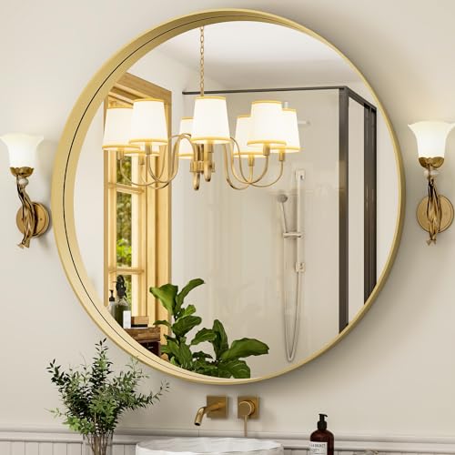 32 Inch Round Bathroom Mirror - Wall Mounted Circle Mirror with Metal Frame, Modern Mirror Suitable for Bathroom, Vanity, Entryway, Living Room, Wall Decor,Gold - color: Gold, size: 32"L x 32"W