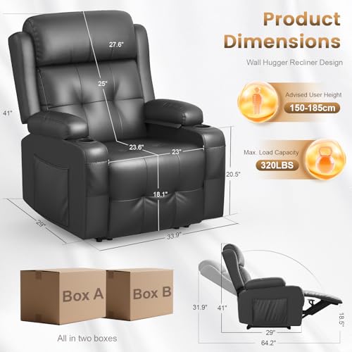 Home Theater Seating, Power Recliner Sofa Single Chair with Massage & Heat | Wall Hugger Reclining Single Chairs with USB, RV Furniture with LED Lights, Cup Holders for Movie Theater, Gaming Room - color: Dark Gray, size: 34" - 1 Seat