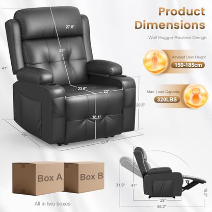 Home Theater Seating, Power Recliner Sofa Single Chair with Massage & Heat | Wall Hugger Reclining Single Chairs with USB, RV Furniture with LED Lights, Cup Holders for Movie Theater, Gaming Room - color: Dark Gray, size: 34" - 1 Seat