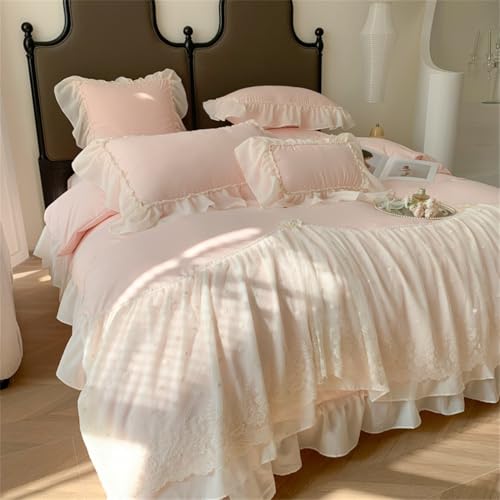 IHOUSTRIY Lace Duvet Cover Queen Size, Chiffon Ruffled Beddding Set with Flower, 3 Pieces Comforter Cover Set with Zipper Closure, Girl Princess Bedding with Pillowcase - Pink, Queen - color: Pink, size: Queen