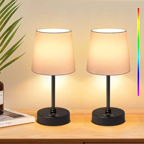 Wowag Small Cordless Table Lamp,5000mAh Rechargeable Battery Operated Desk Lamp,3 Colors & 7 RGB Stepless Dimmable, Portable Touch Wireless Lamp for Bedroom,Dining Table,Restaurant 2 Pack (White) - color: Black+White Shade 2 pack, size: 11.4in