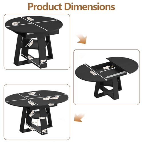 Modern Round Dining Table for 4-8, 43-59" Extendable Oval Dining Table with Leaf, Kitchen Table with Storage Shelf & Wood Cross Base, Circle Tables for Living Room Kitchen, Space Saving (Black) - color: Black