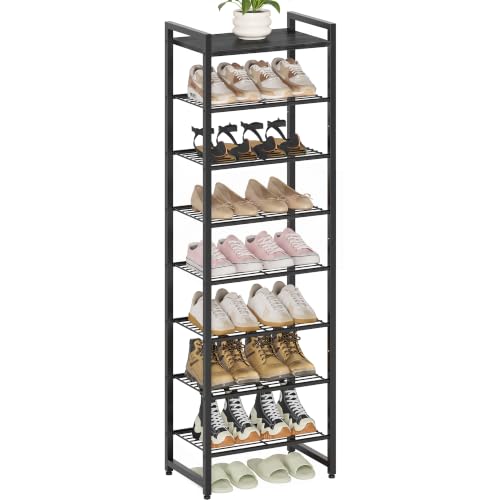 Narrow Shoe Rack 8-Tier, Tall Shoe Organizer for Small Spaces | Black, Holds Up to 18 Pairs, for Closets, Entryways, Garage, Dorm Rooms, Reinforced Wire Shelves, Wood Top - color: Black, size: 8 Tier