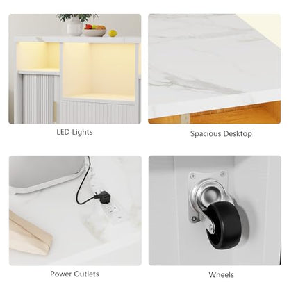 Kitchen Island with Storage, Island Table for Kitchen with Power | Outlet & LED Light, Rolling Buffet Cabinet with Sliding Door, 2 Drawers, Microwave Cart, Large Faux Marble Countertop, White - color: White