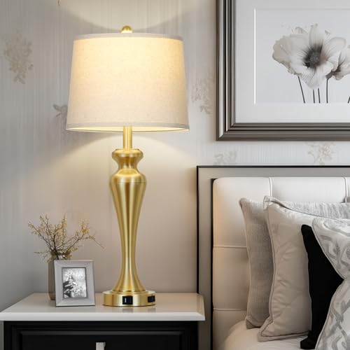 CINSARY 30 Inch Tall Gold Table Lamp Single for Living Room, Touch Control Bedside Lamp for Nightstand, 3-Way Dimmable Bedroom Lamps with USB A+C Ports and AC Outlet, Metal Brass Table Lamps - color: Gold (1 Pack)