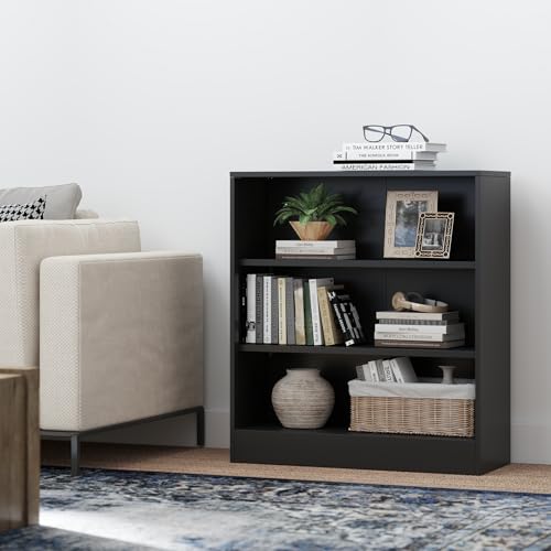 IRONMIX Black Short Bookshelf for Classroom, 3-Tier Metal Bookshcase | Small Bookcase for Small Places, Open Bookshelf with Adjustable Shelves, Cabint Display for Home Office, Library, Living Room - size: 31.5" W-35.5" H - 1 set
