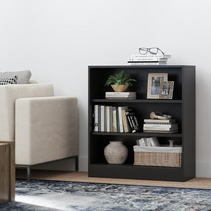 IRONMIX Black Short Bookshelf for Classroom, 3-Tier Metal Bookshcase | Small Bookcase for Small Places, Open Bookshelf with Adjustable Shelves, Cabint Display for Home Office, Library, Living Room - size: 31.5" W-35.5" H - 1 set