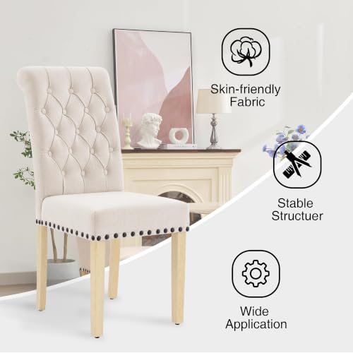 adochr Dining Chairs Set of 2, Linen Armless Parsons Chairs,Beige | Wooden Legs&Tufted Buttons, Upholstered Dining Room Chair for Kitchen/Dining/Living Room - color: Beige, size: 2PCS