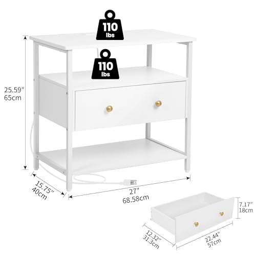 Edbuosy 27" Wide Nightstand with Charging Station & Drawer, White | Small Dresser for Closet, 2 AC Outlets & 2 USB Ports, Open Shelf, Adjustable Feet, Wood Nightstand for Living Room or Bedroom - color: White, size: 1 Drawer