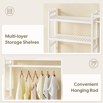 Cozivolife Over The Washer Dryer Storage Shelf: Bamboo 5 Tiers (White) | Laundry Room Drying Rack with Adjustable Shelves and 4 Hooks - Space Saver Organizer for Hanging Clothes and Towels - color: White